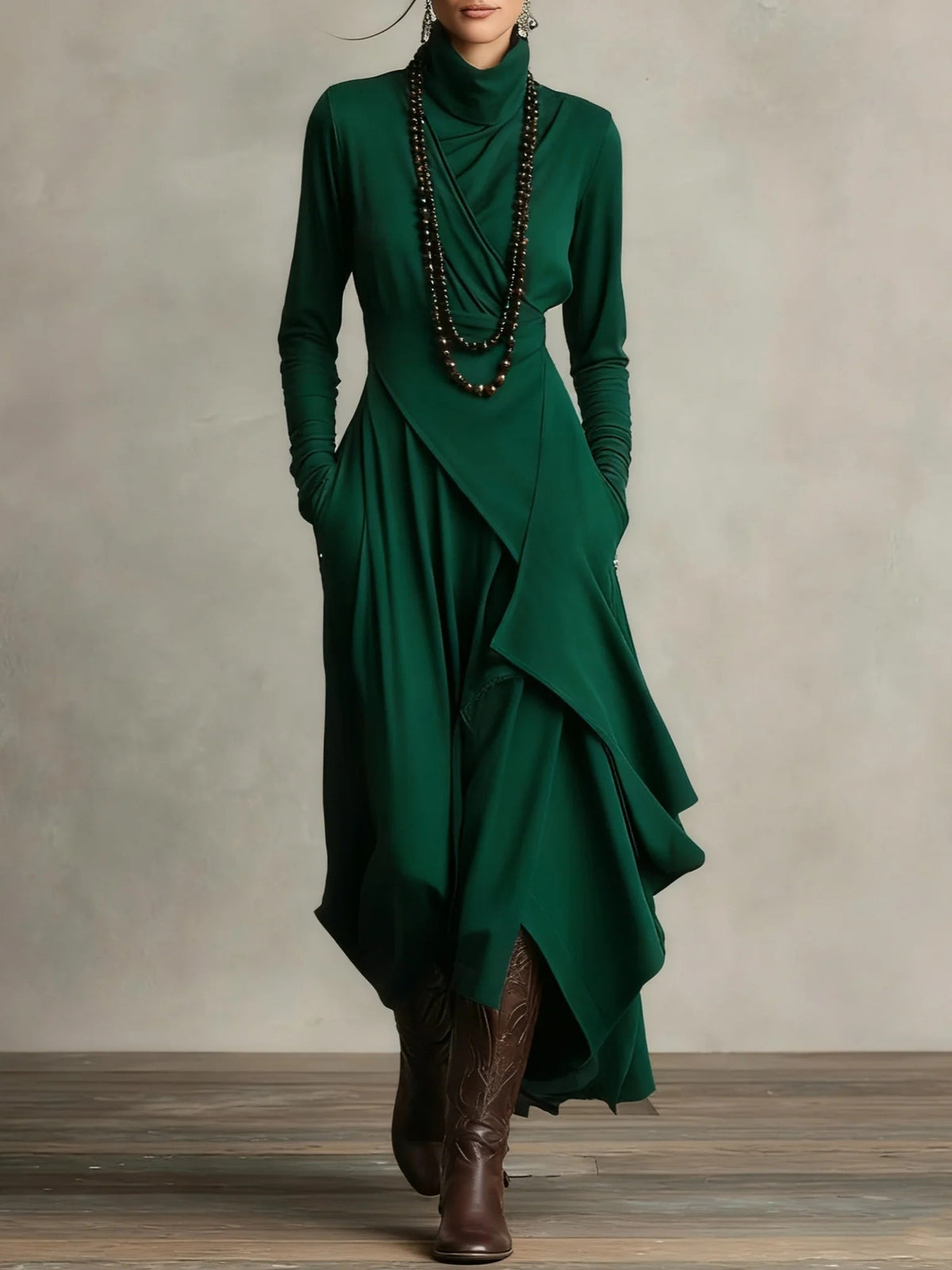 Women's Solid Color Long Sleeve A-Line Knitted Maxi Dress with Half Turtleneck