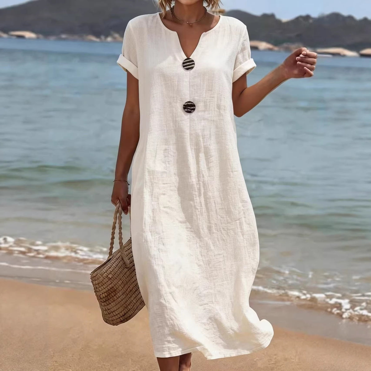 A casual solid-color cotton and linen dress for ladies