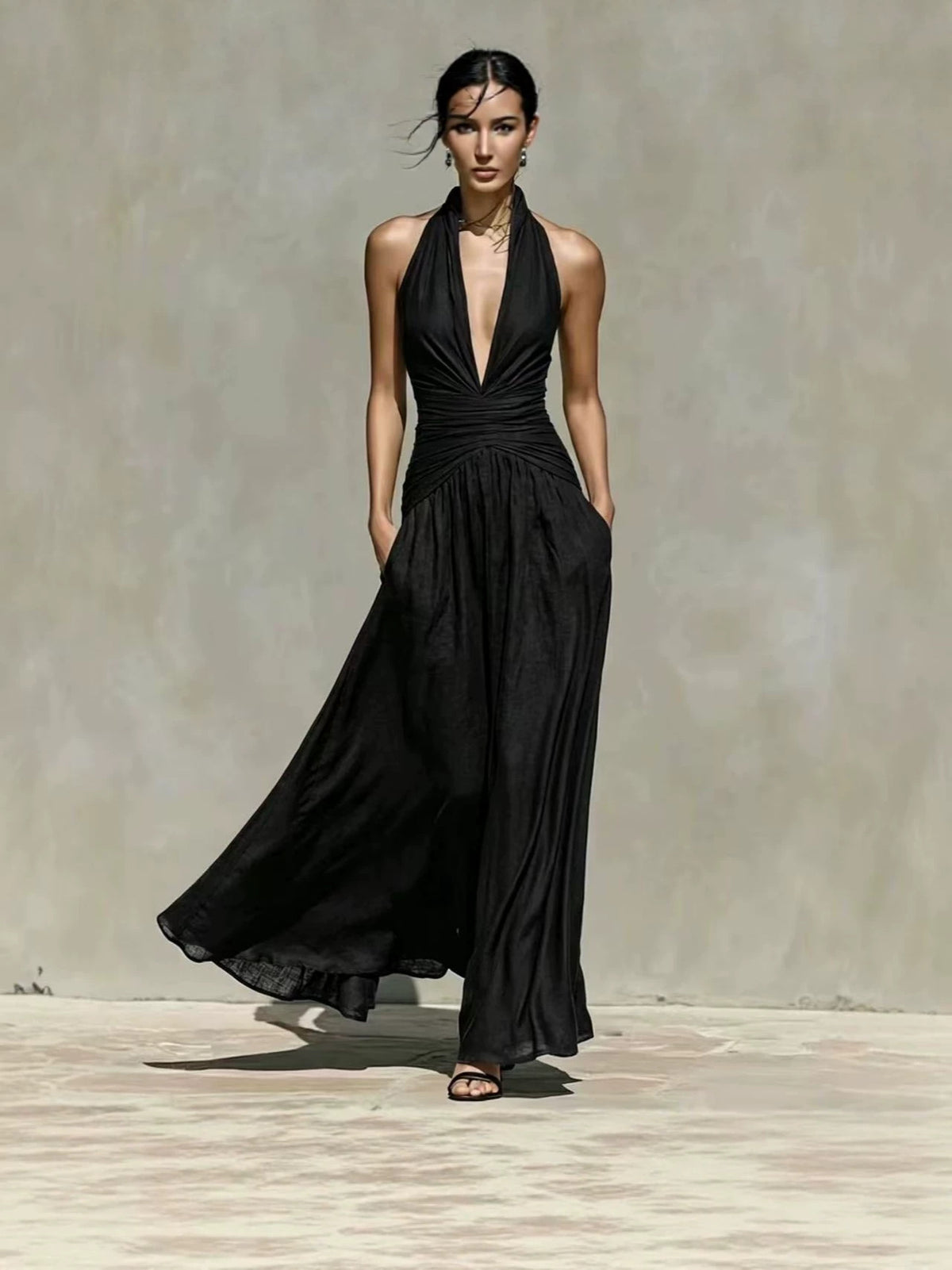 Elegant Halter Neck Deep V-Neck Dress