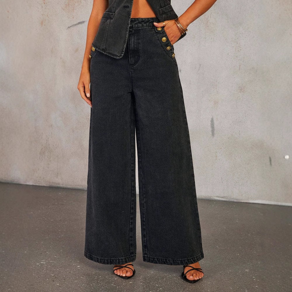 Denim Sleeveless Top and Wide-Leg Pants Set