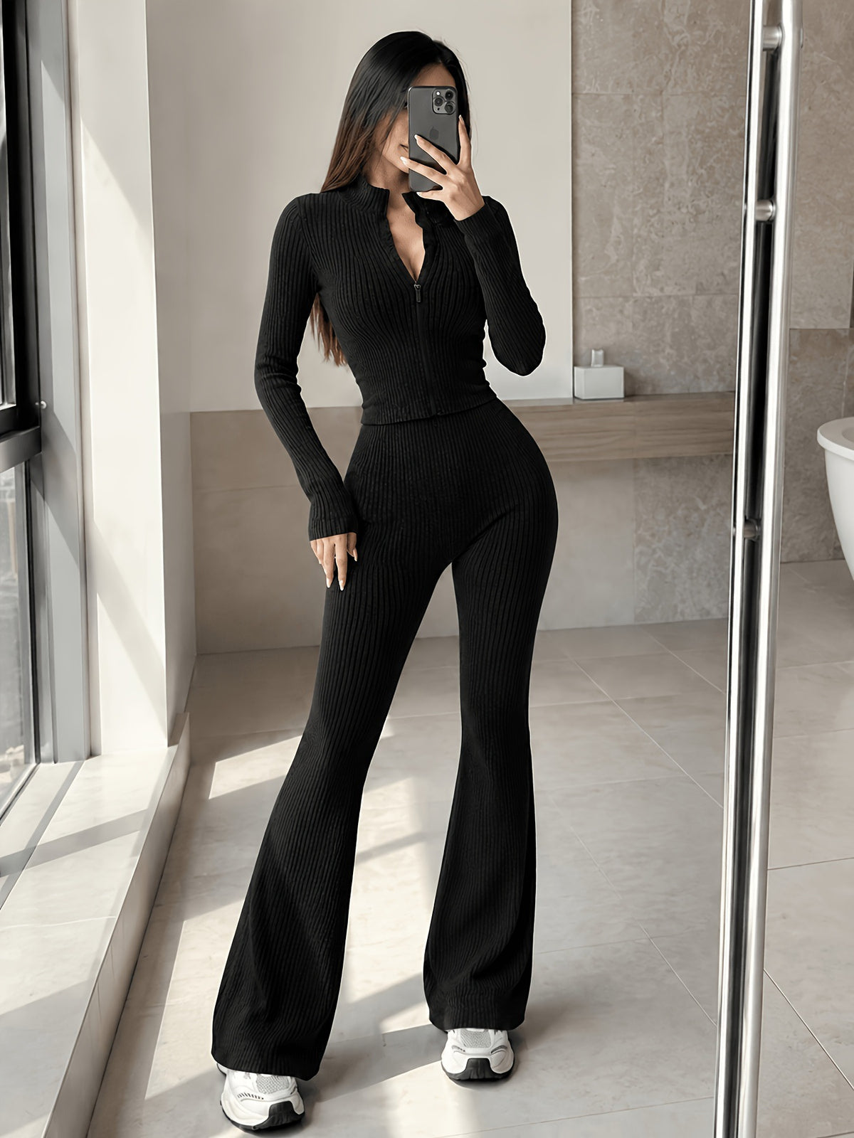 Women's Two-Piece Knit Set Short Cardigan and Flared Pants