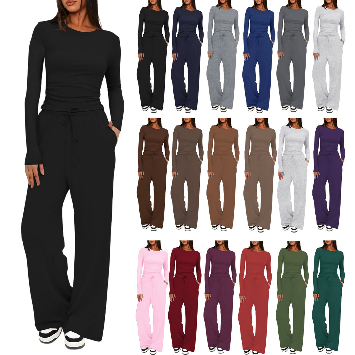 Solid Color Long Sleeve Top and High Waisted Wide Leg Pants Sportswear Set