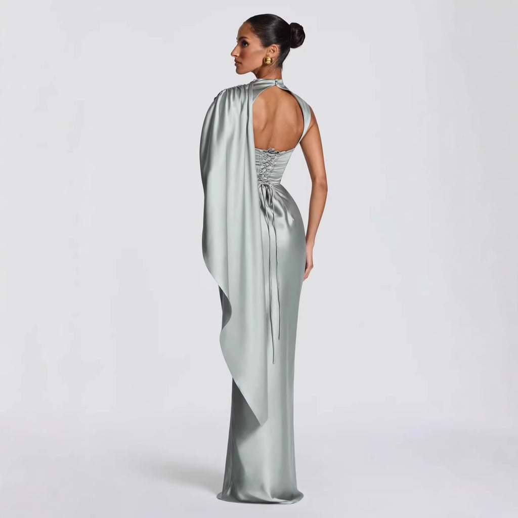 High-End Satin One-Shoulder Ribbon Waist Fishtail Gown