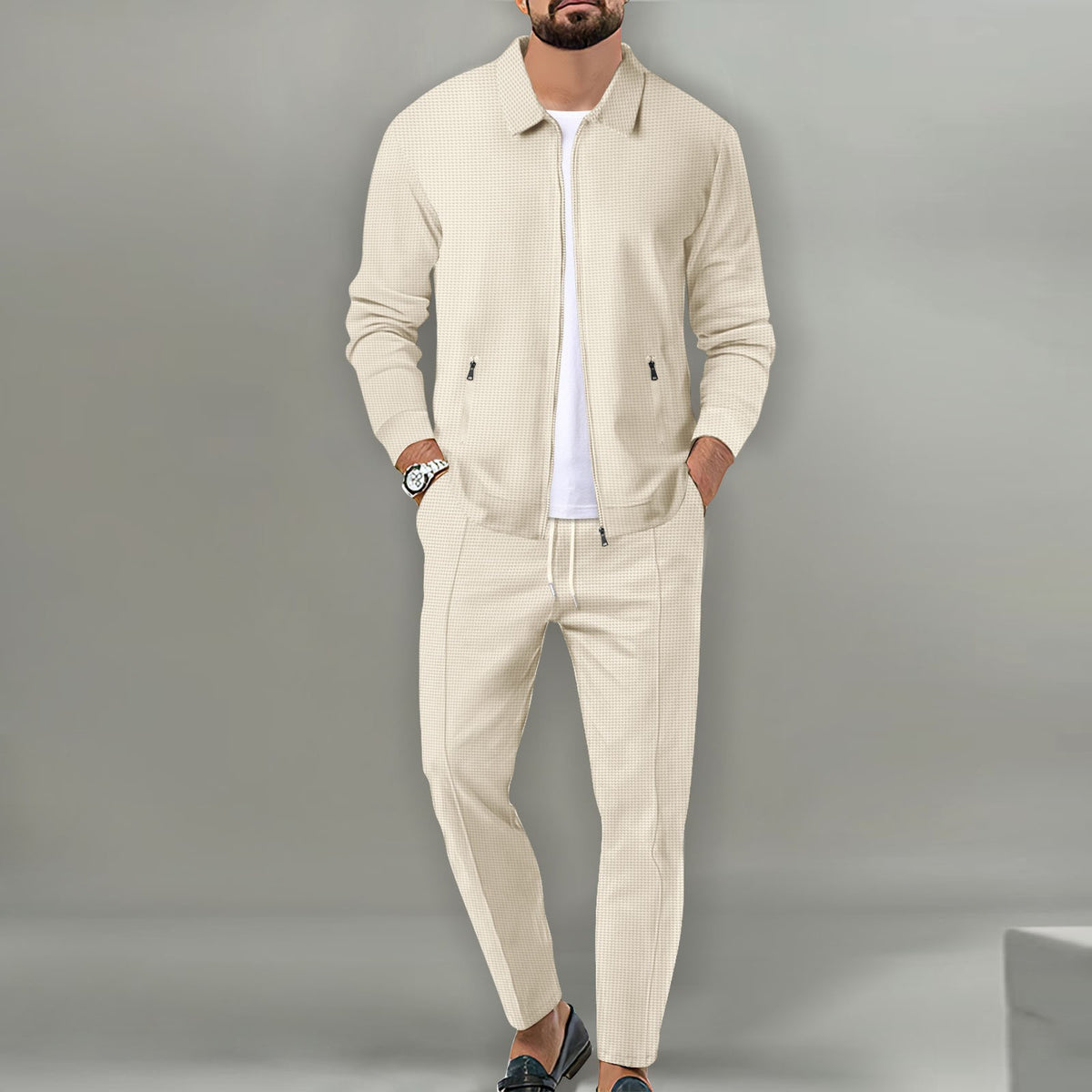Mens Waffle Knit Zip-Up Track Suit