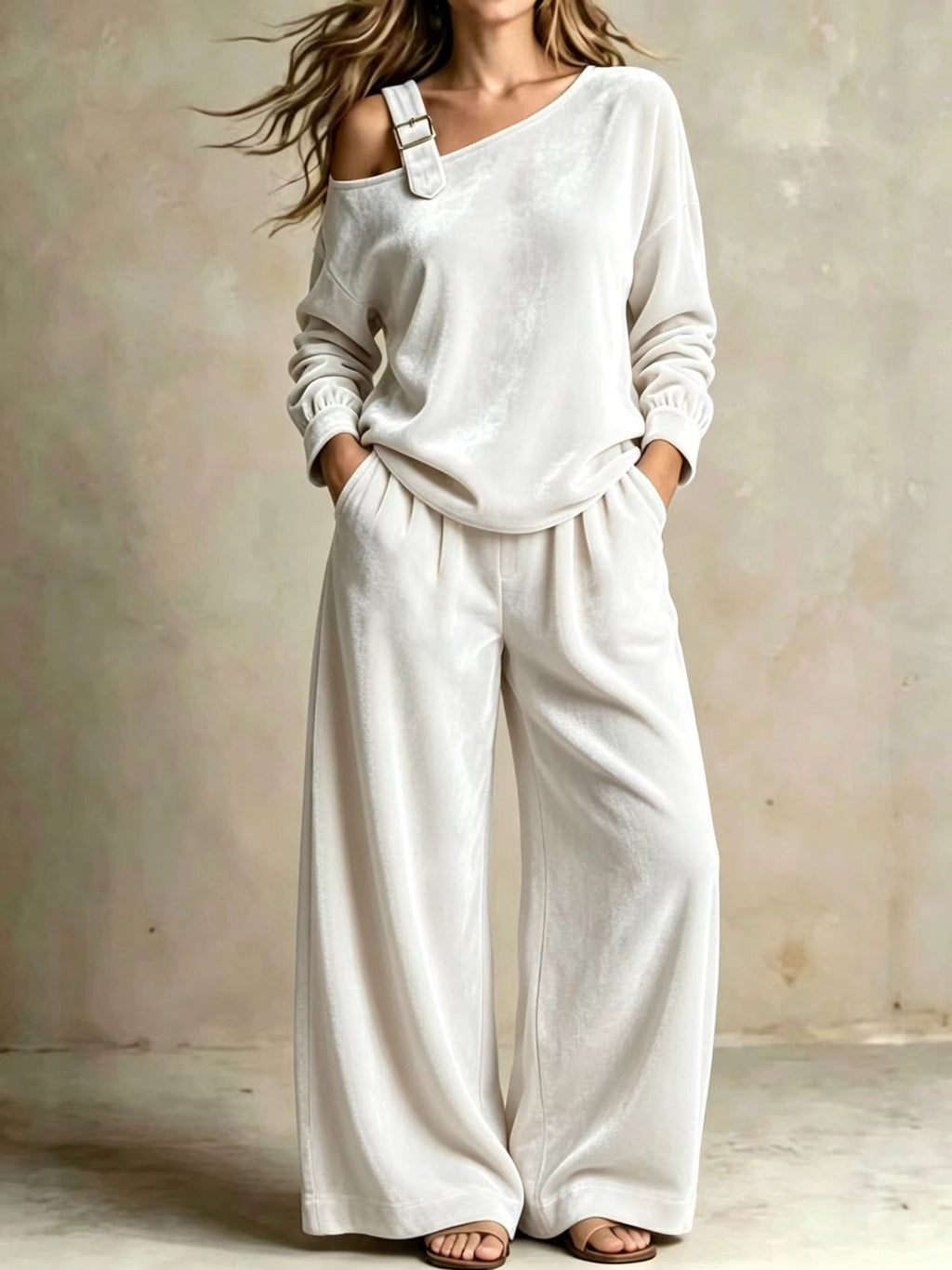 Women's Velvet One-Shoulder Long Sleeve Two-Piece Casual Pantsuit Set
