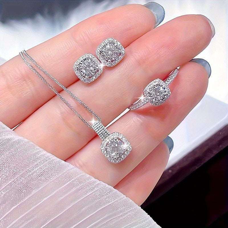 Square Rhinestone Jewelry Set Necklace Ring Earrings