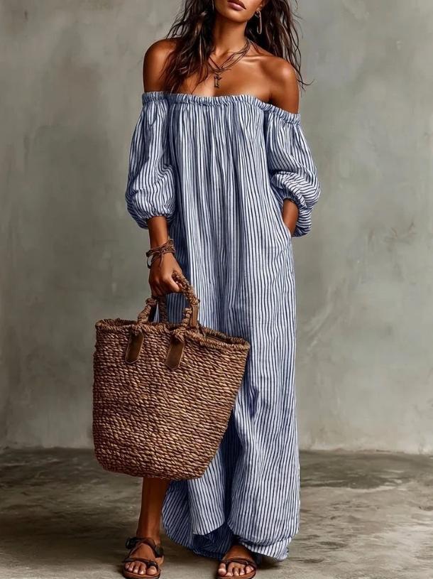 Elegant Casual Loose One-Line Neckline Striped Dress