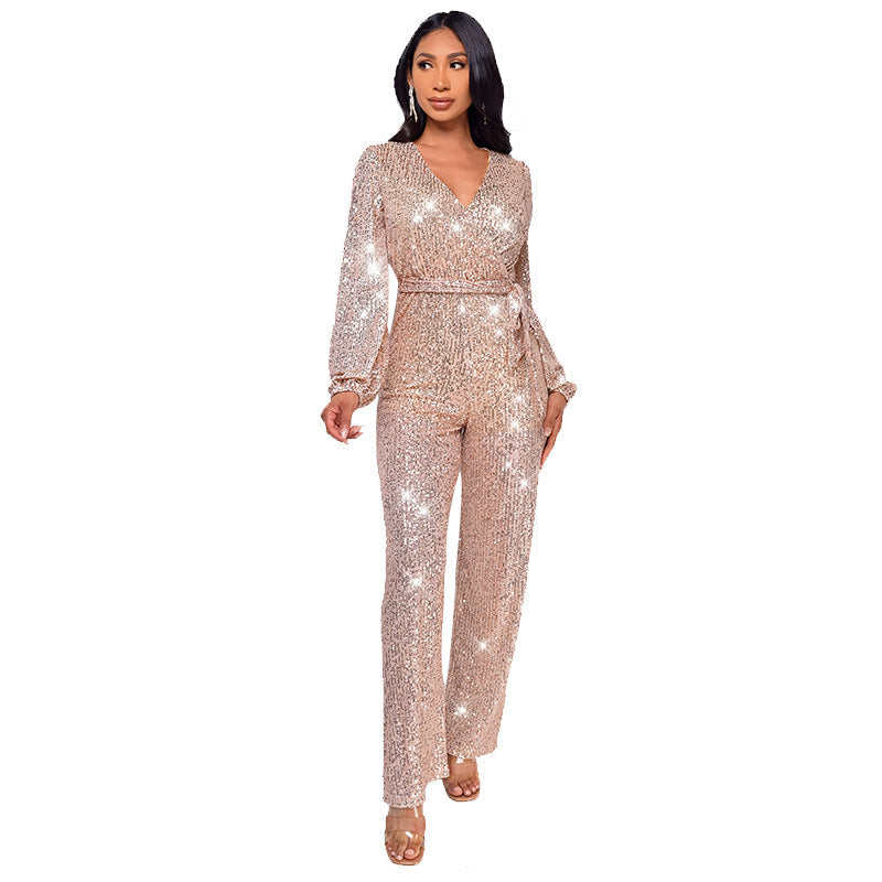 Women's Long Sleeve Deep V Neck Jumpsuit with Sequined Belt