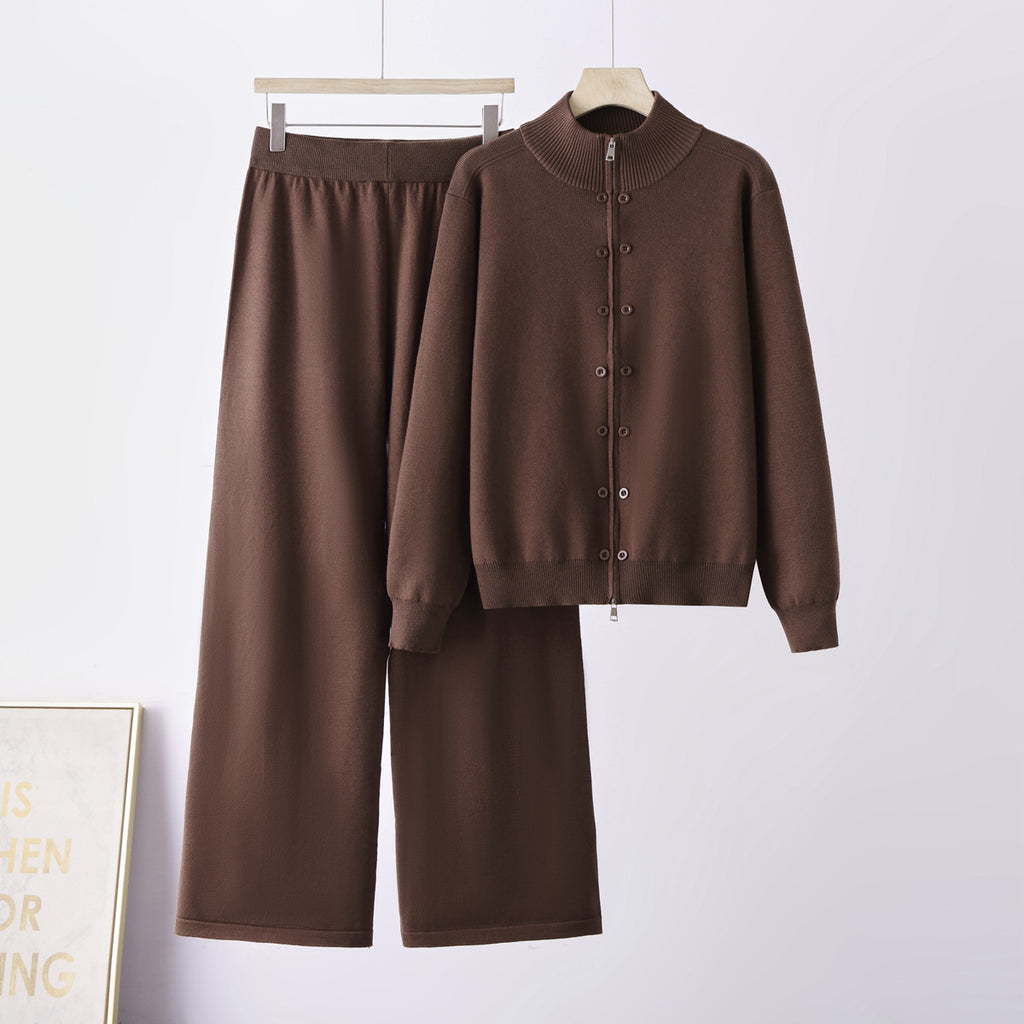 Women Thickened Half-High Neck Knit Suit Long Sleeve Zipper Button Solid Color Casual Two-Piece Set
