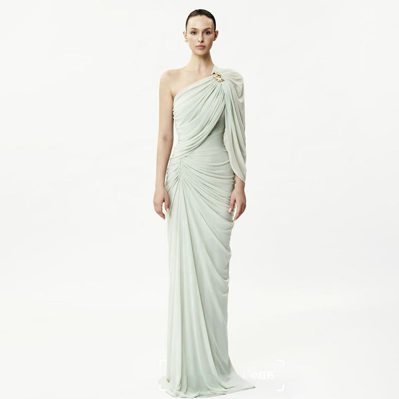 Women Vintage Pleated High Waist Irregular Hem Long Dress Sleeveless Slim Fit Casual Maxi Dress