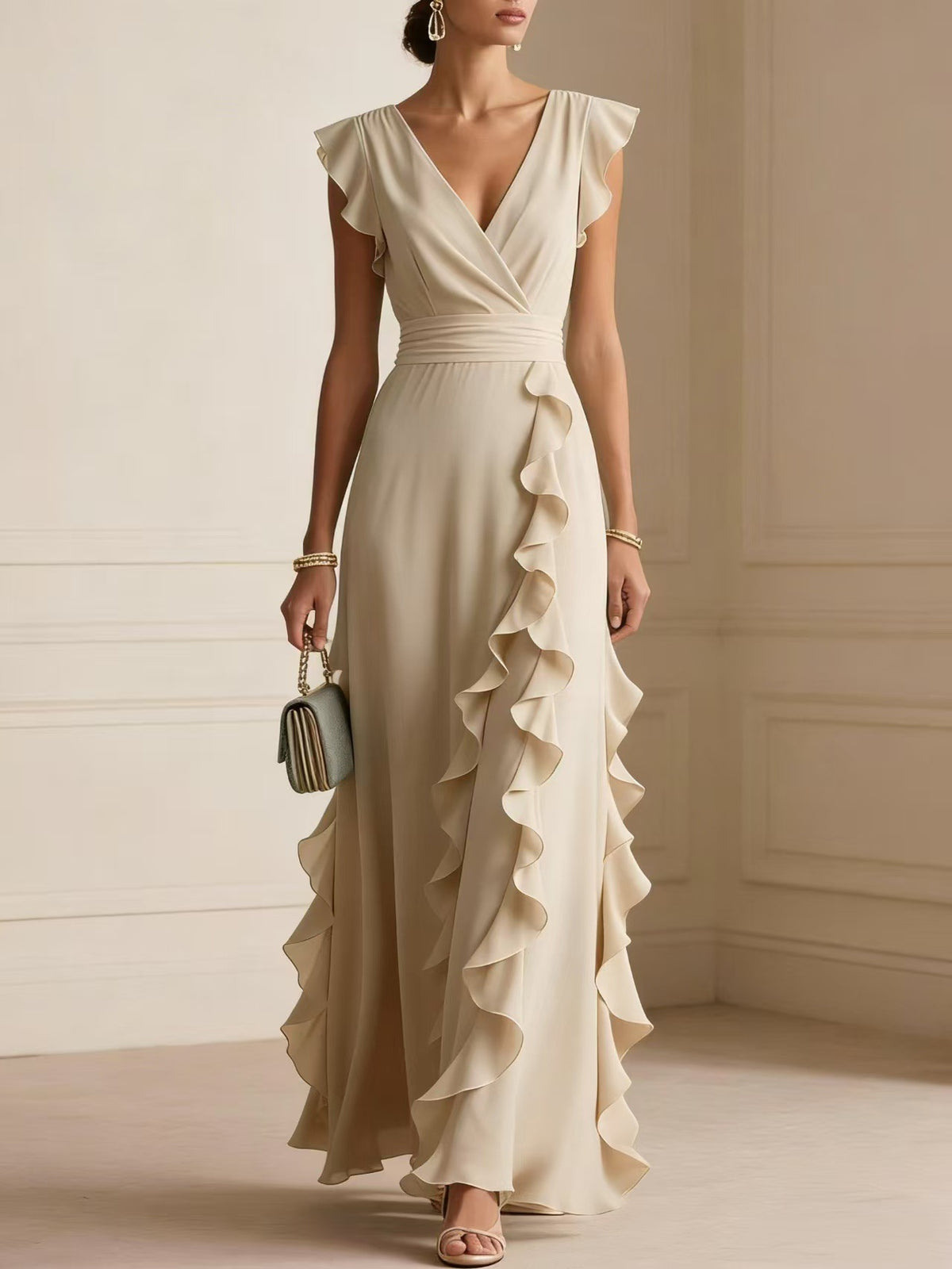 Solid Color, Ruched, Short-Sleeve, V-Neck, Dress, Chiffon Gown
