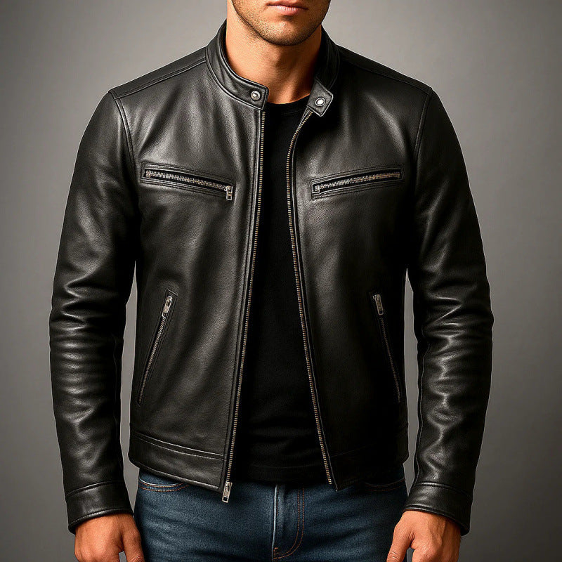 Mens PU Leather Jacket Stand Collar Slim Fit Coat