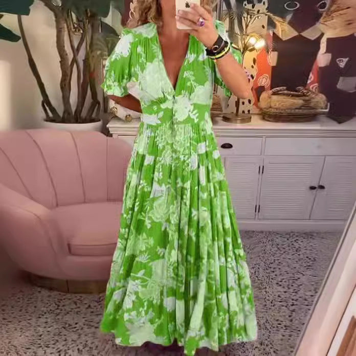 Floral V-Neck Elastic Waist Dress