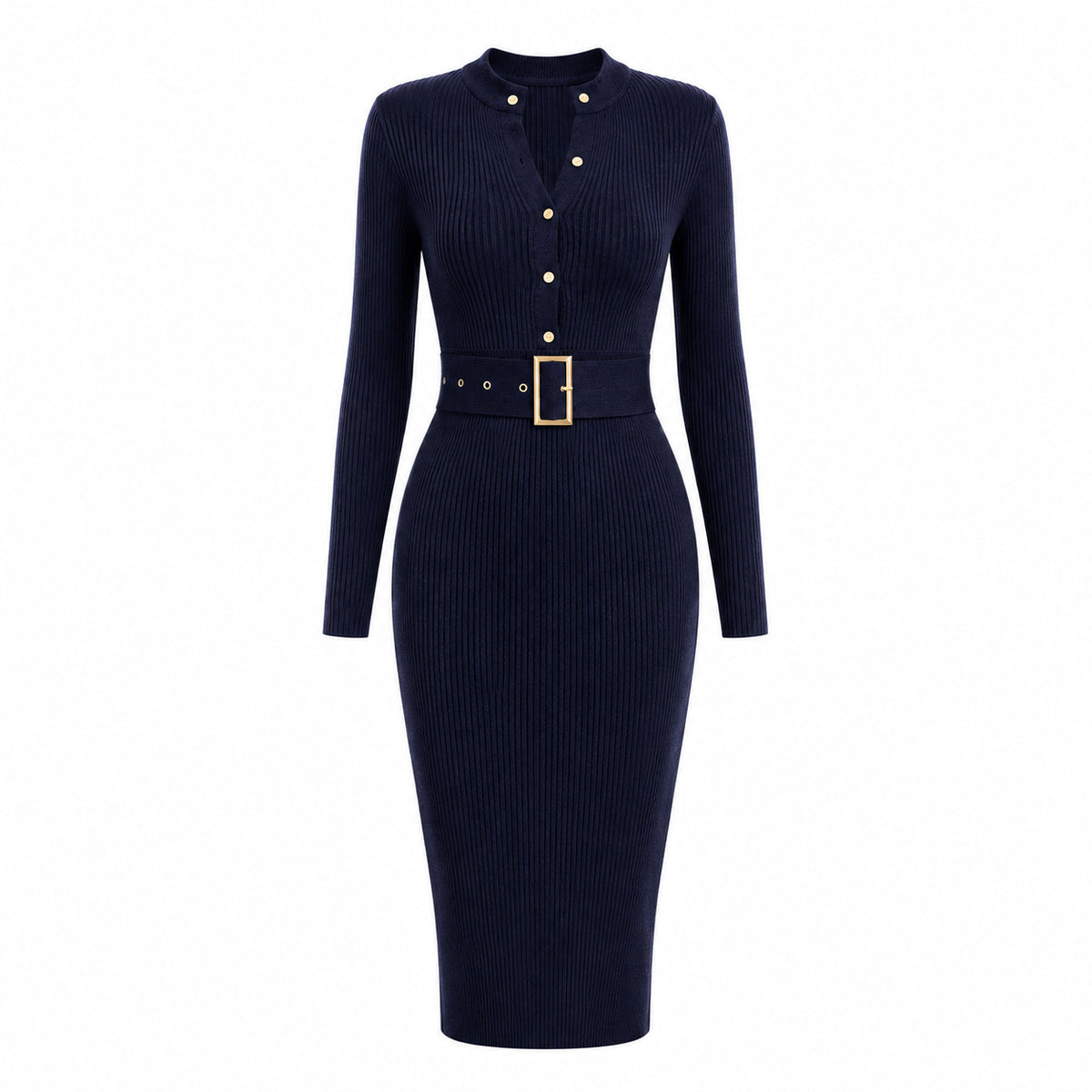 Elegant Bodycon Knitted Ribbed Midi Dress with Belt