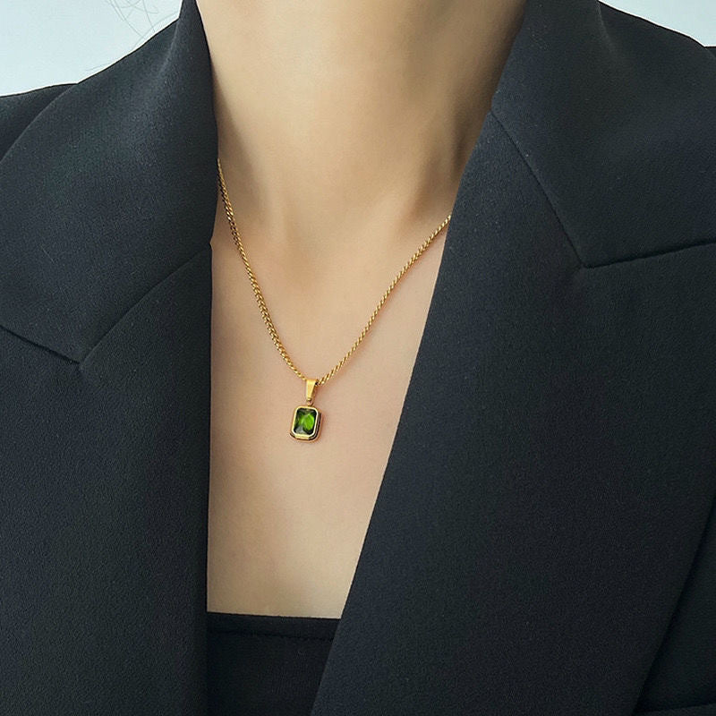 Geometric Emerald Pendant Titanium Steel Necklace