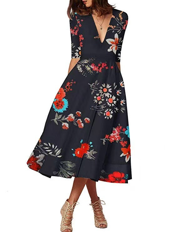Womens Sexy Deep V Mid Sleeve Solid Color Splicing Swing Dress