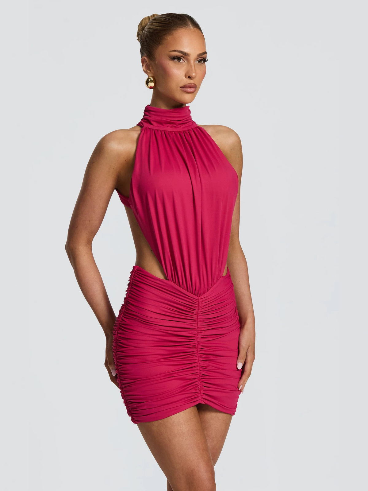 Women's Halter Neck Cut-Out Ruched Bodycon Mini Dress Sleeveless