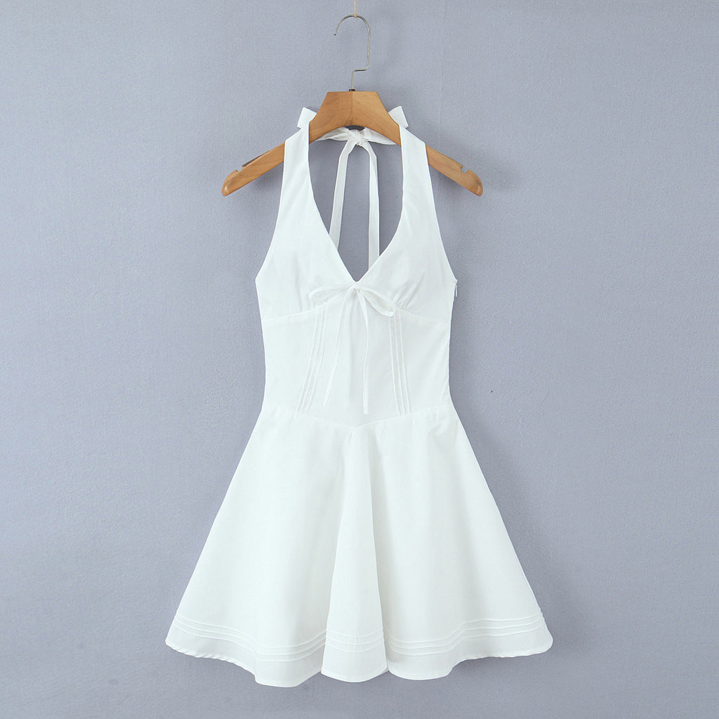 French Design Deep V Neck Open Back Halter Mini Dress Slim A-Line Summer Dress