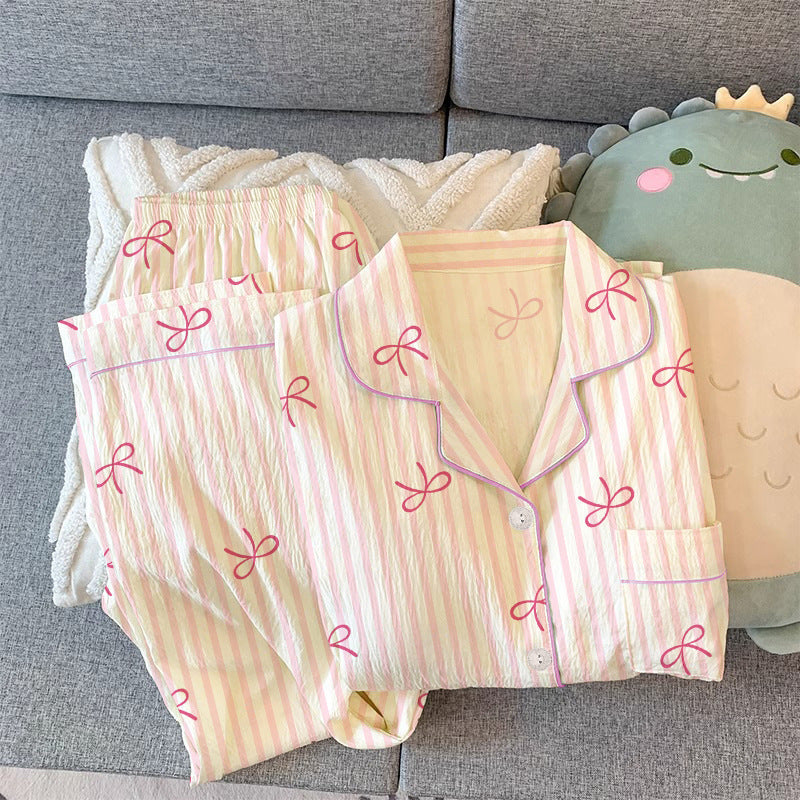 Womens Long Sleeve Pajama Set with Bow Design