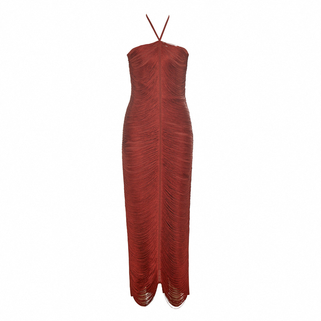 Sleeveless Halter Neck Tassel Long Dress