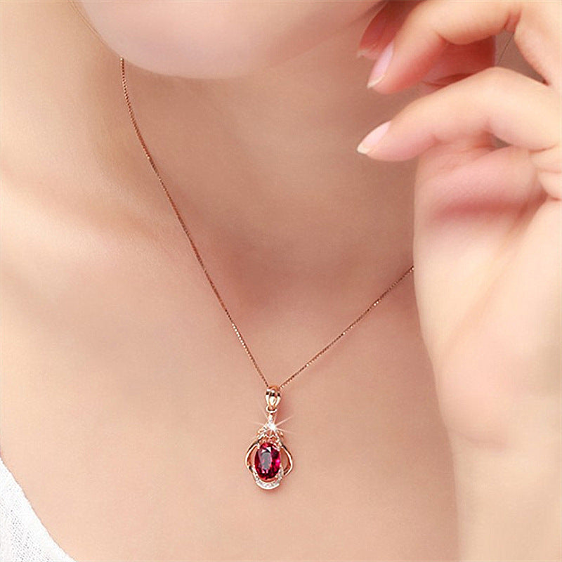 Rose Gold Plated Red Tourmaline Water Drop Gemstone Pendant Necklace with Chain