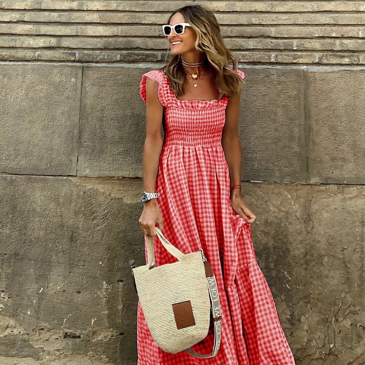 Summer Stylish Women's Patchwork Plaid Strap Elastic Flared Dress