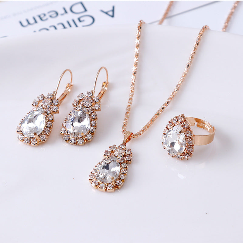 European and American Personalized Water Drop Rhinestone Necklace Earrings Ring Set