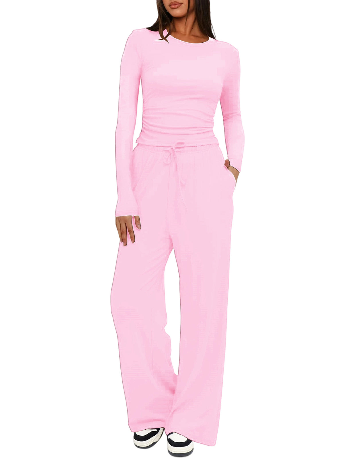 Solid Color Long Sleeve Top and High Waisted Wide Leg Pants Sportswear Set