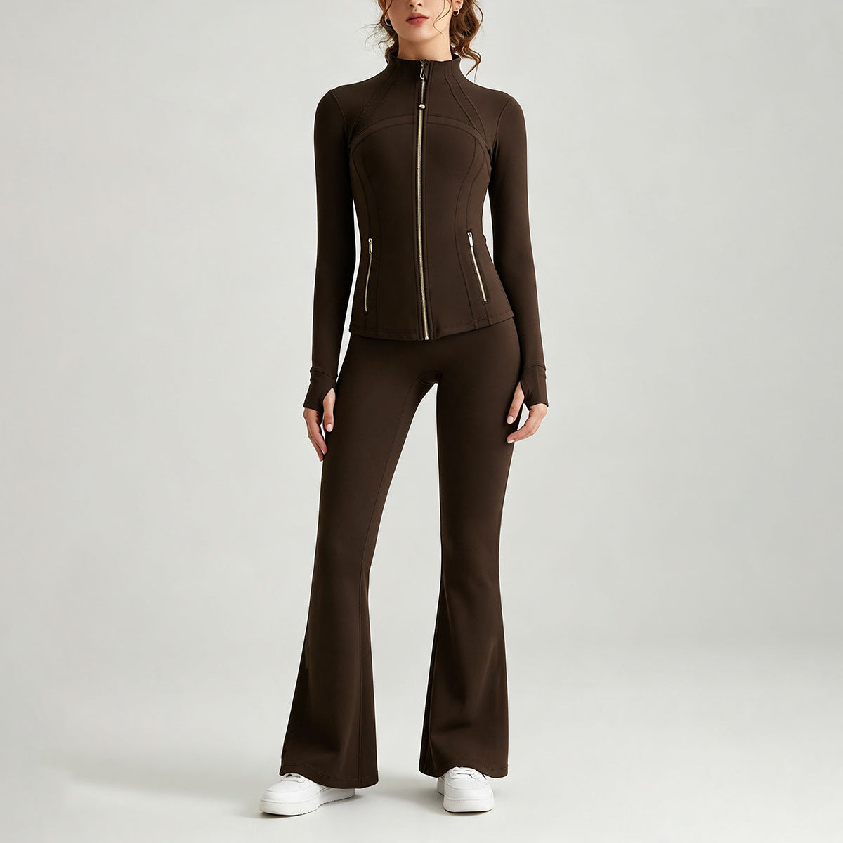 Double-Sided Brushed Yoga Set for Women Stand-Collar Slim-Fit Jacket High-Waist Flared Pants