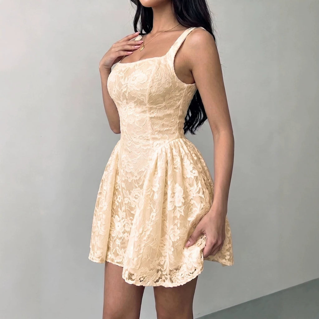 Women Square Neck Lace Dress with Wide Waistband Floral Puff Short Skirt