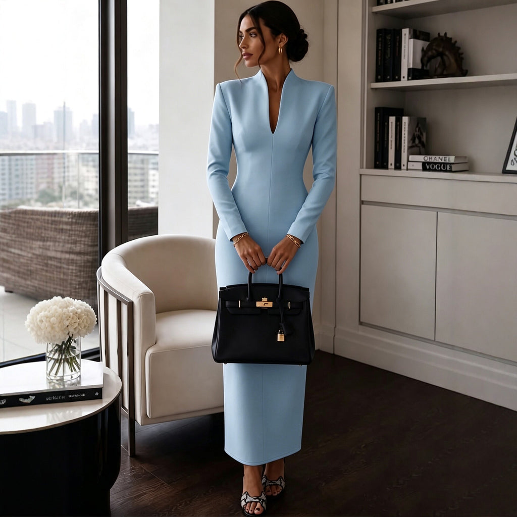 Women's Elegant Stand Collar V-Neck Long Sleeve Bodycon Dress