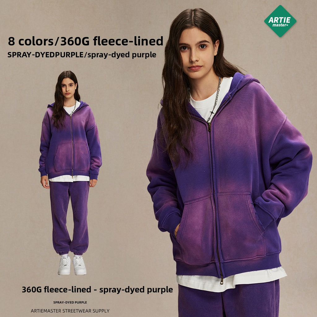 Men's garment dyeing distressed and padded double-headed zipper sweatshirt and pants set