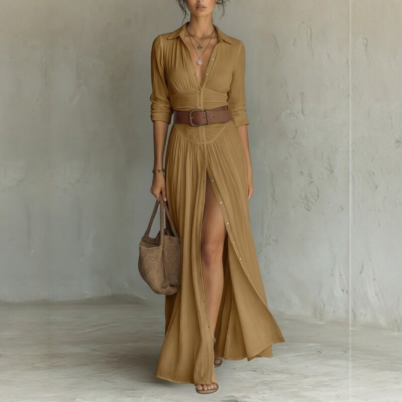 Womens V-Neck Belted Shirt Dress