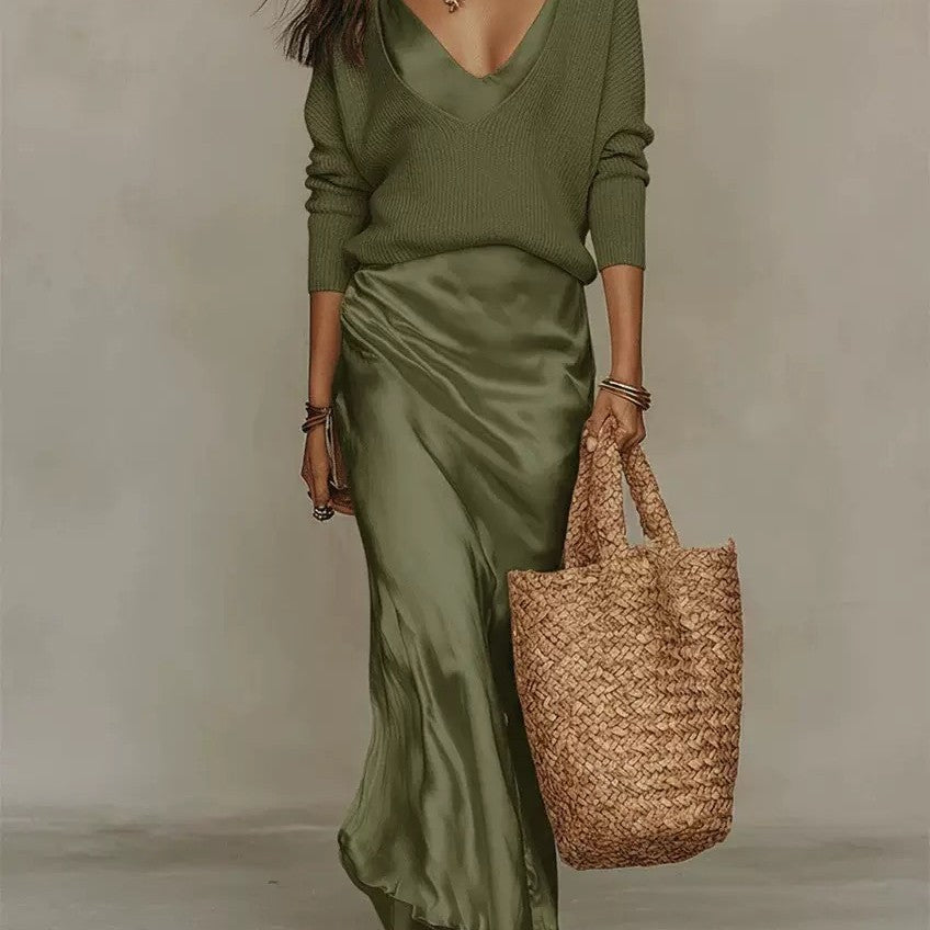 Womens Knit Top and Satin Dress Two-Piece Set