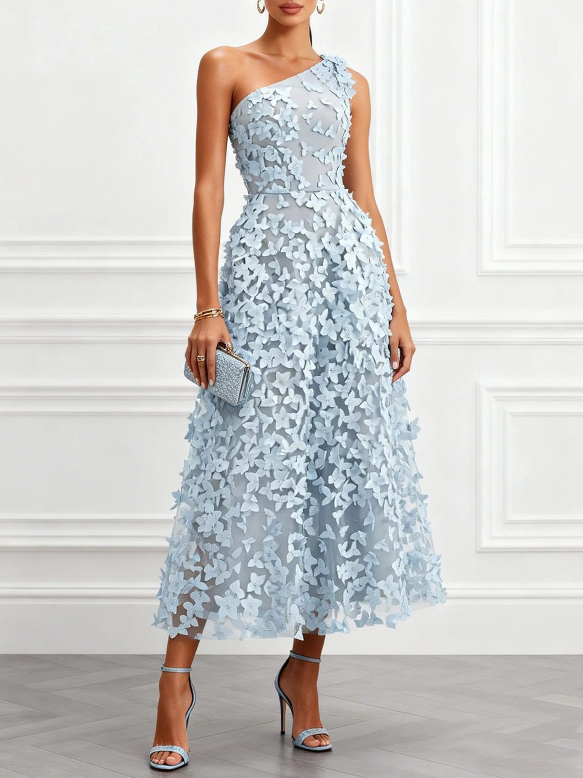 One-Shoulder Three-Dimensional Floral Dress for Women