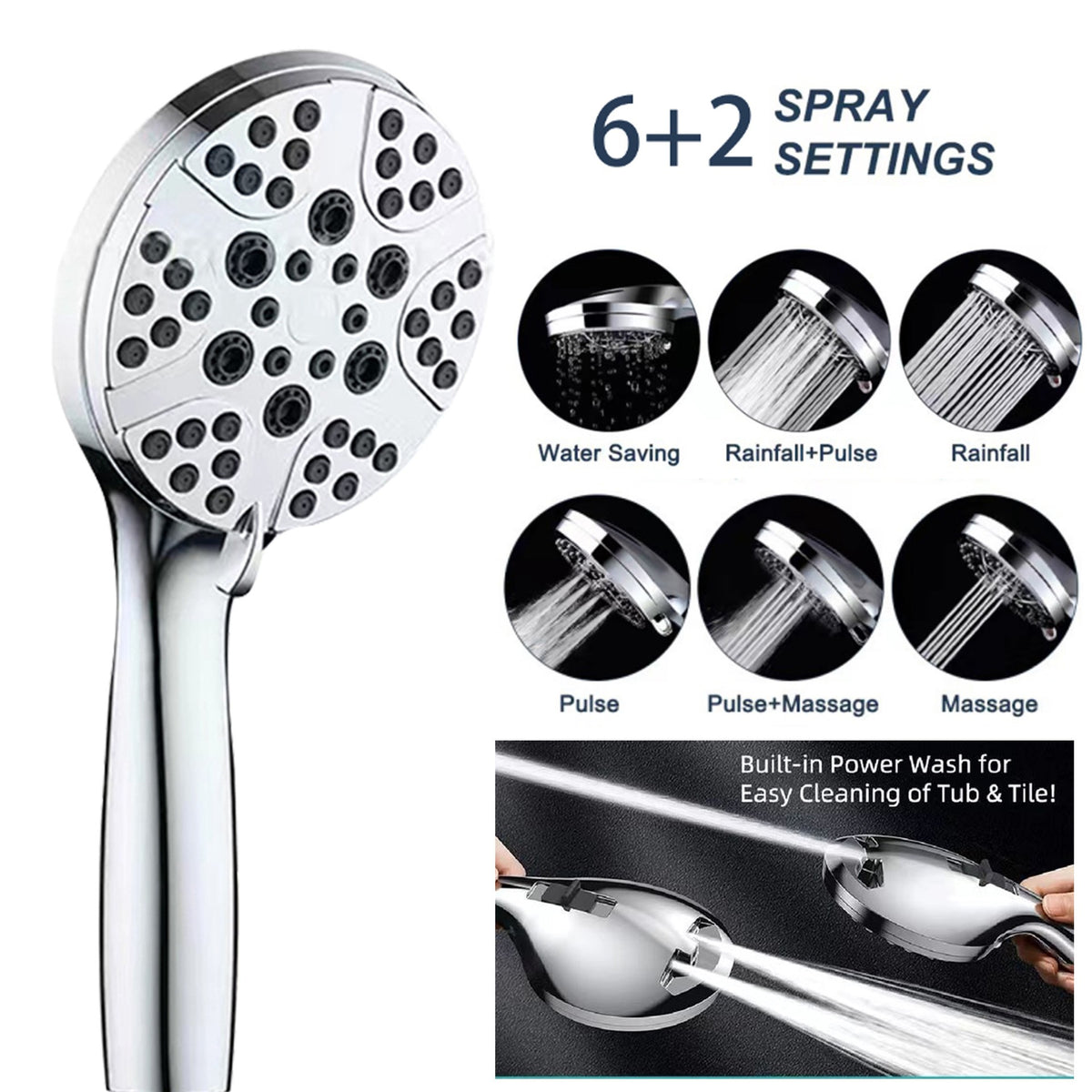 Stainless Steel Shower Set with 8 Functions and Extension Rod