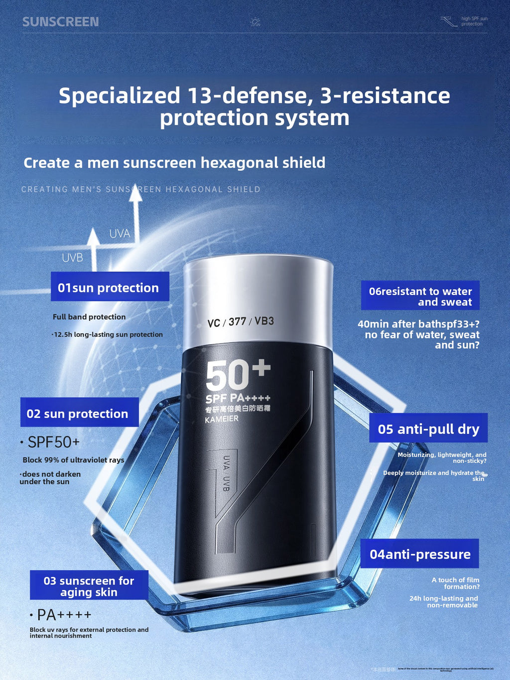 Men's Whitening Sunscreen SPF50+ Non-Greasy Face and Body Protection