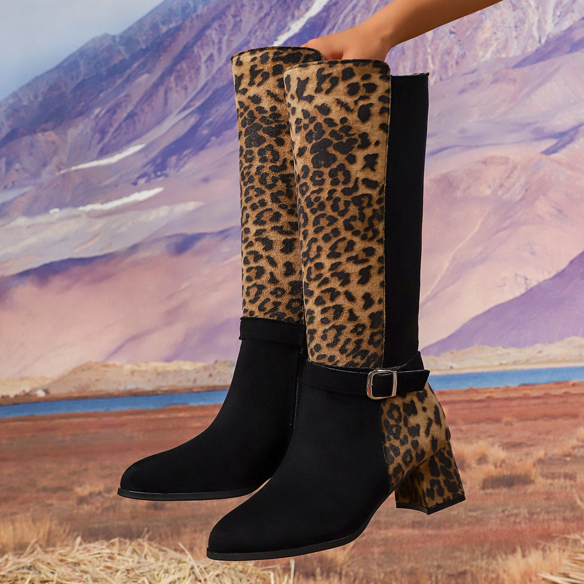 Pointed Leopard Print Mid-Heel Fashion Boots Belt Buckle High Boots