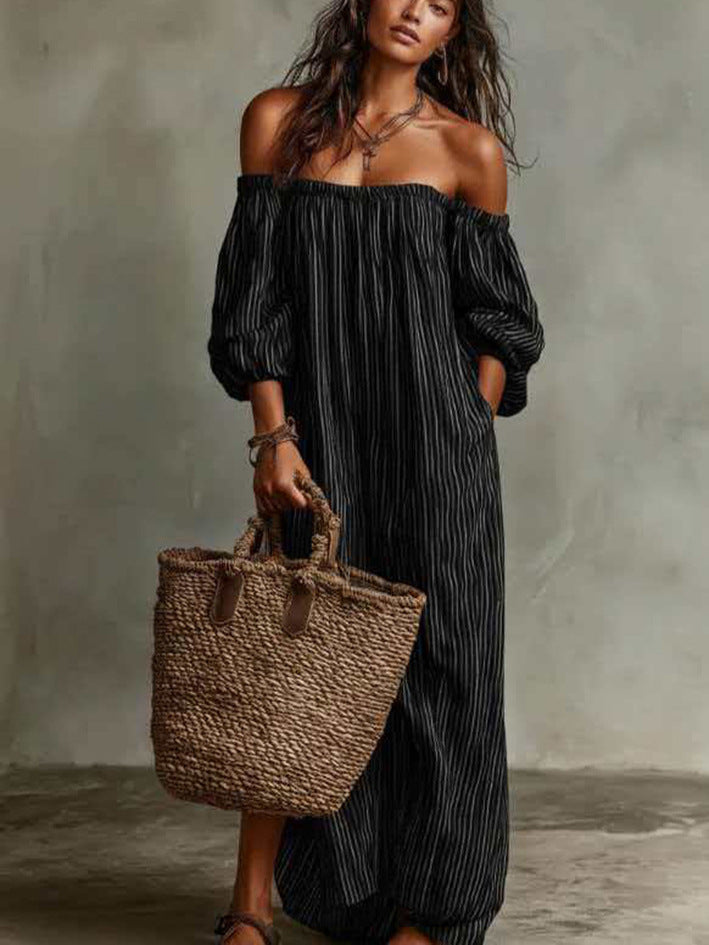 Elegant Casual Loose One-Line Neckline Striped Dress