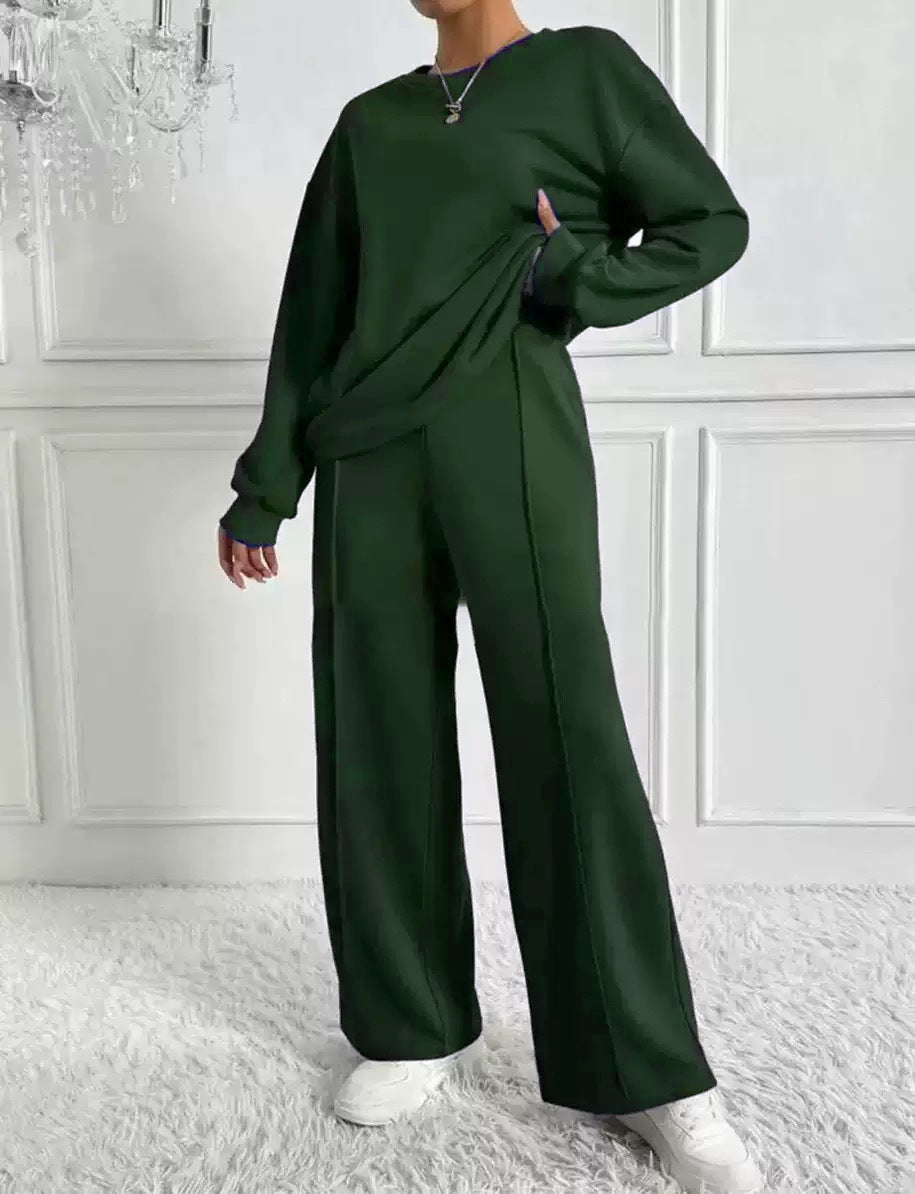 Women's Solid Color Round Neck Long Sleeve Pants Suit Casual Two-Piece Set