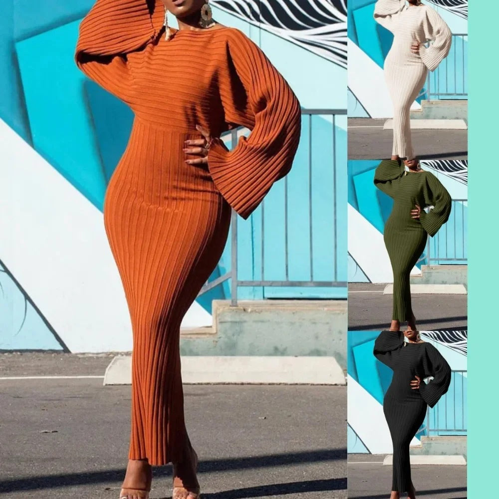 Women's Ribbed Knit Long Sleeve Bell Sleeve Bodycon Dress