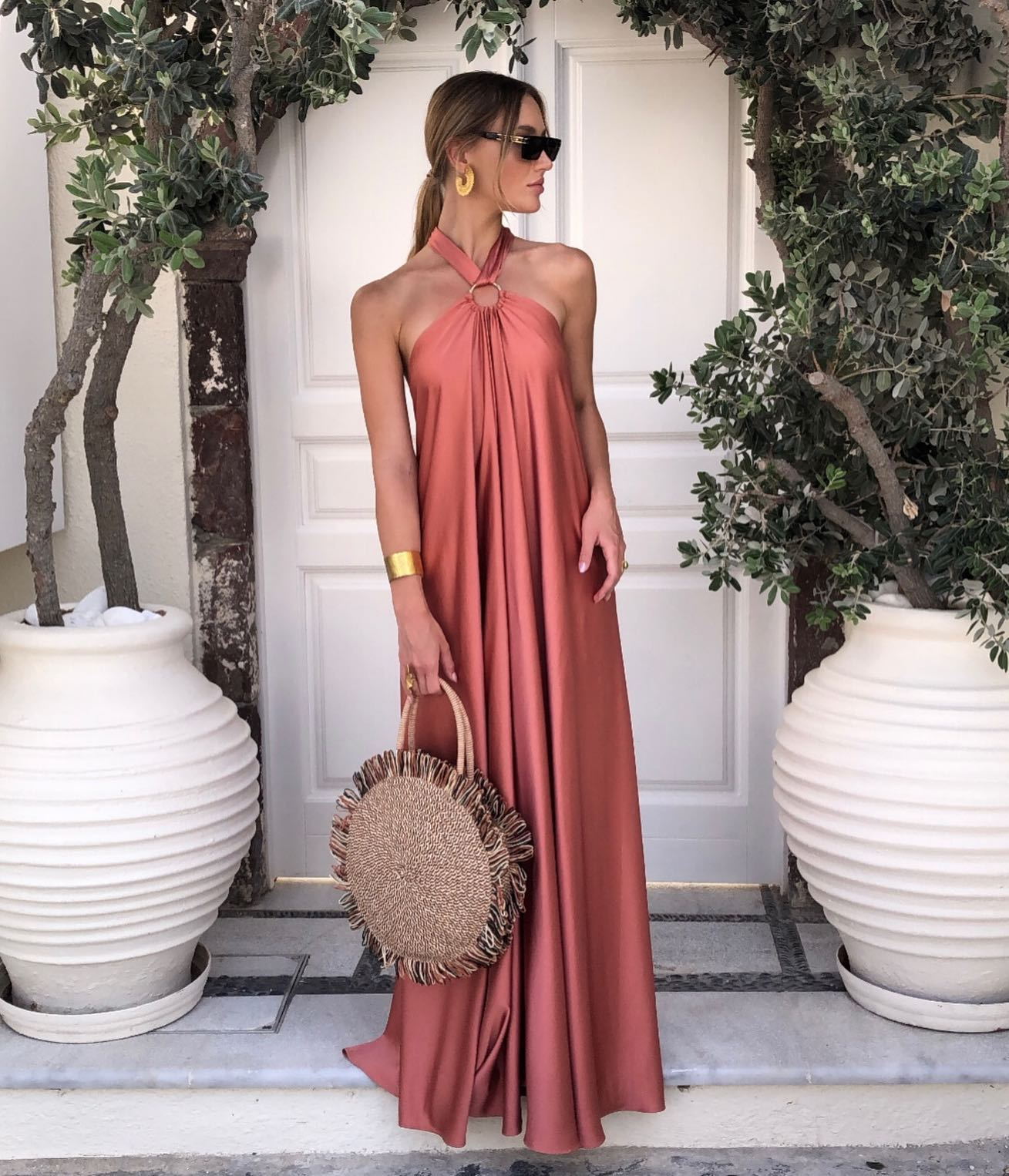 Women's Satin Spaghetti Strap Dress with Large Swing Skirt