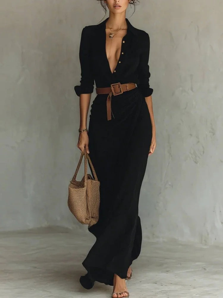 Women's Elegant Solid Color Asymmetrical Pleated Dress with Belt