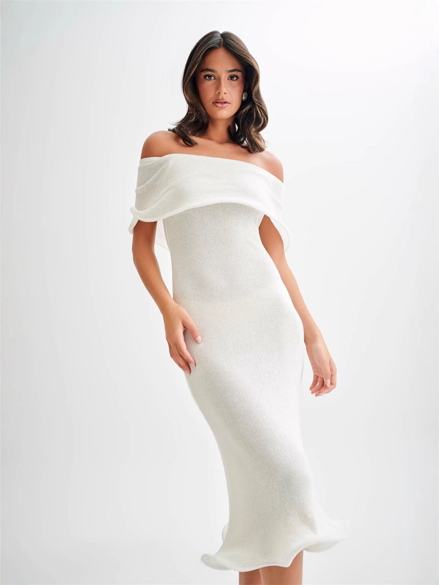 Off-Shoulder Knit Dress with Ruffled Hem