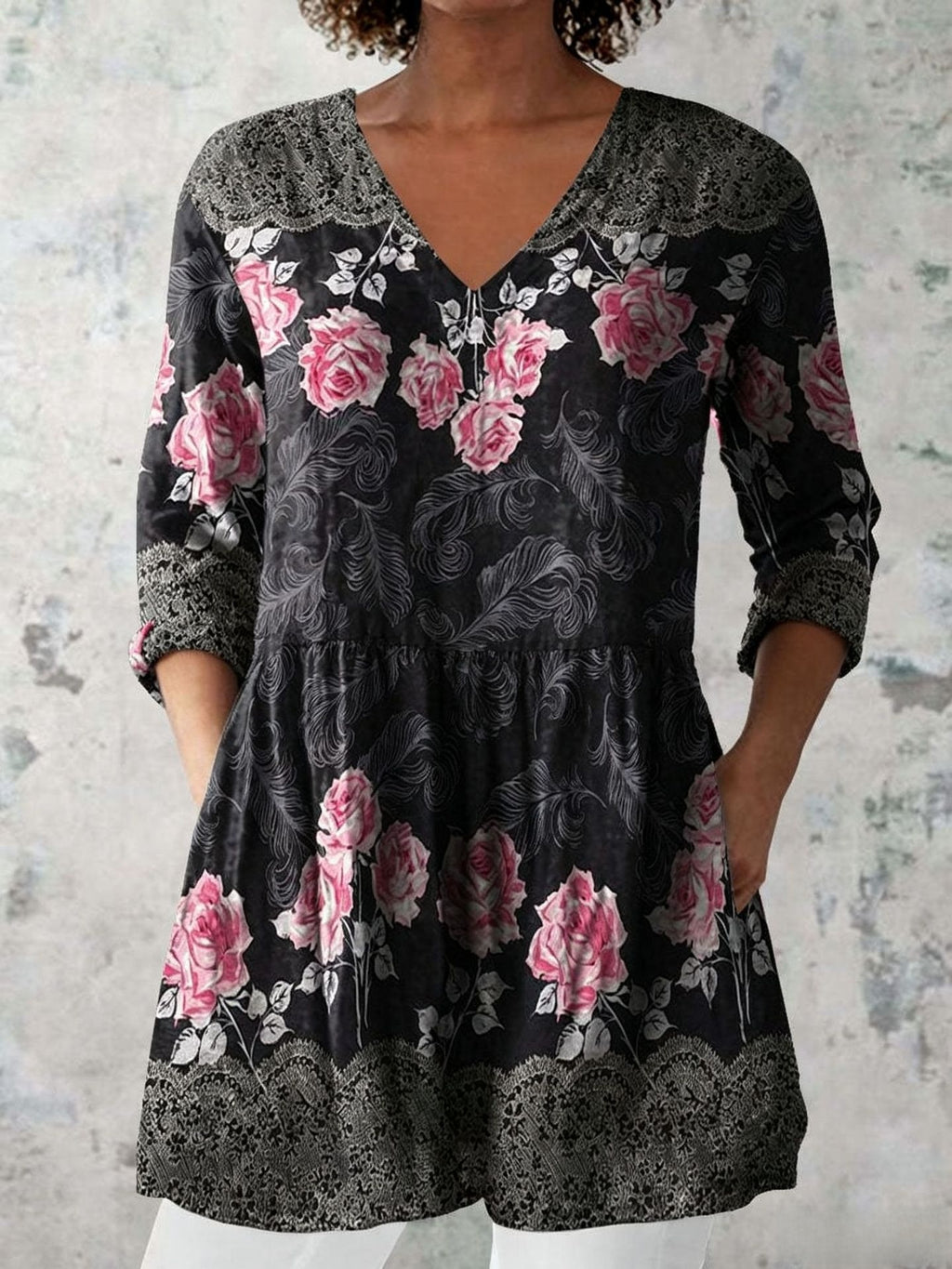 Womens Loose Digital Print V-Neck Short Sleeve T-Shirt