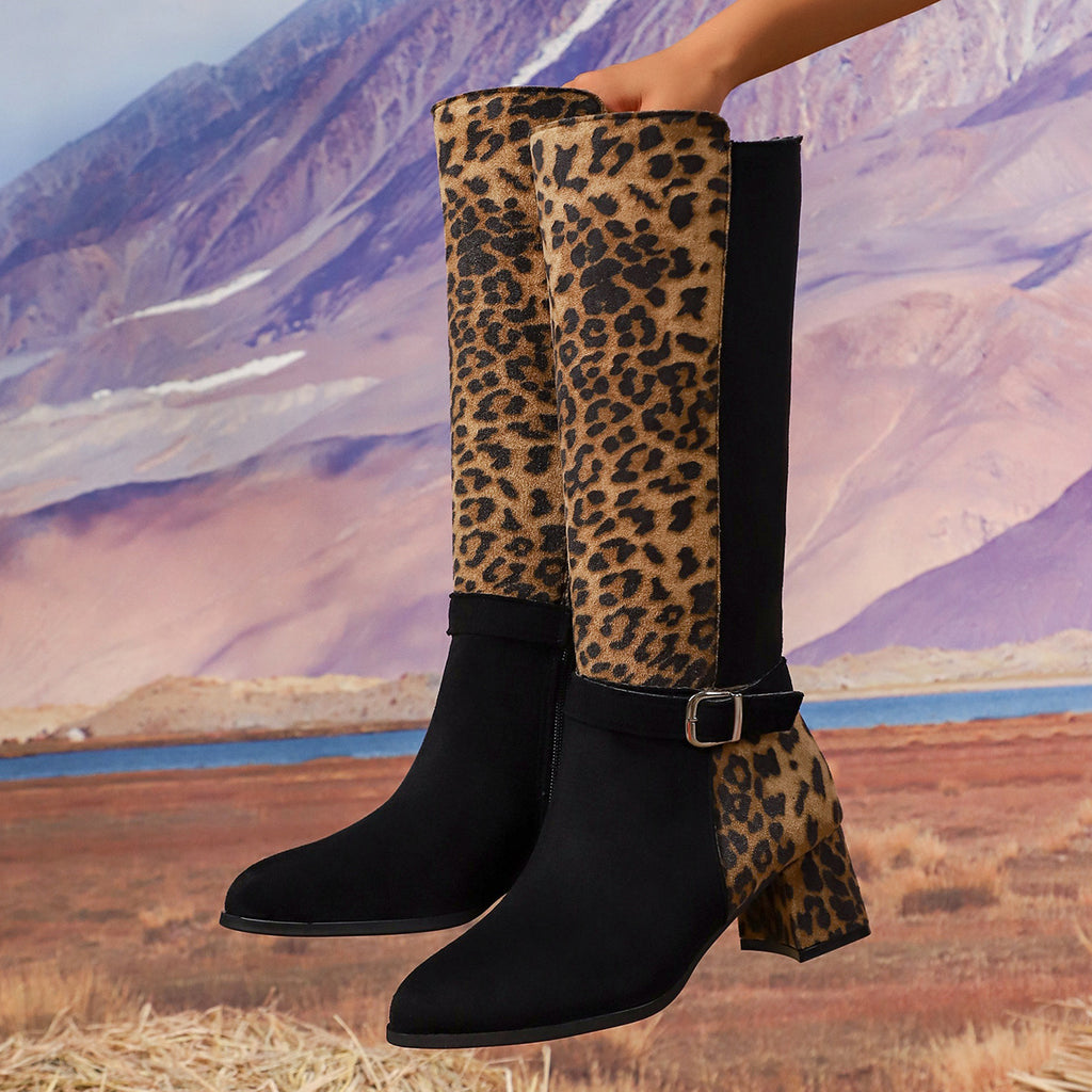 Pointed Leopard Print Mid-Heel Fashion Boots Belt Buckle High Boots