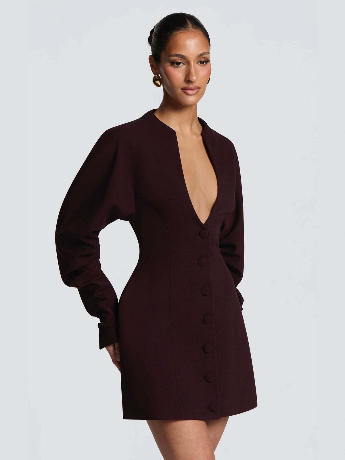 Women's Solid Mid-Length Slim Fit Boucle V-Neck Coat