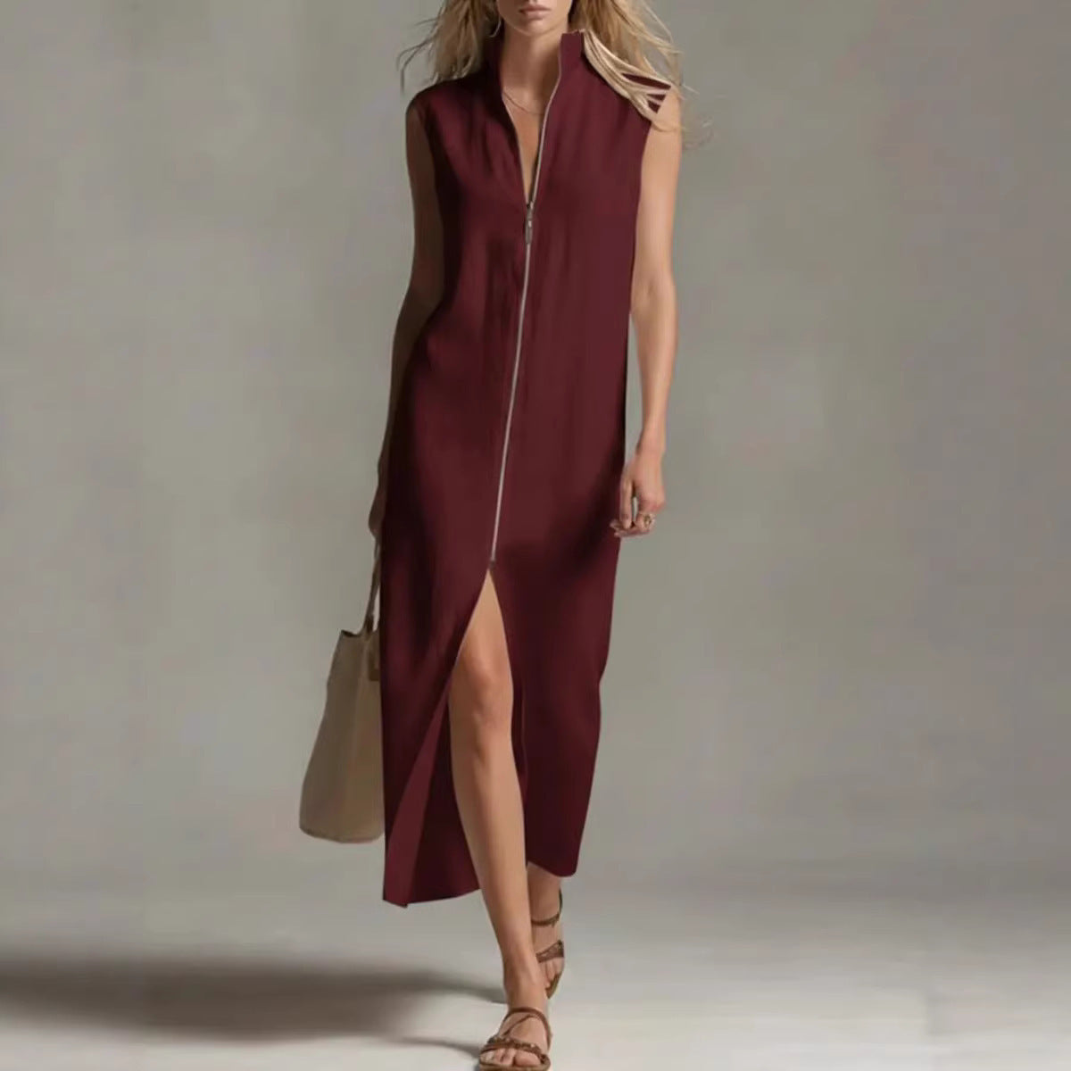Sleeveless Zip-Up Stand Collar Casual Dress