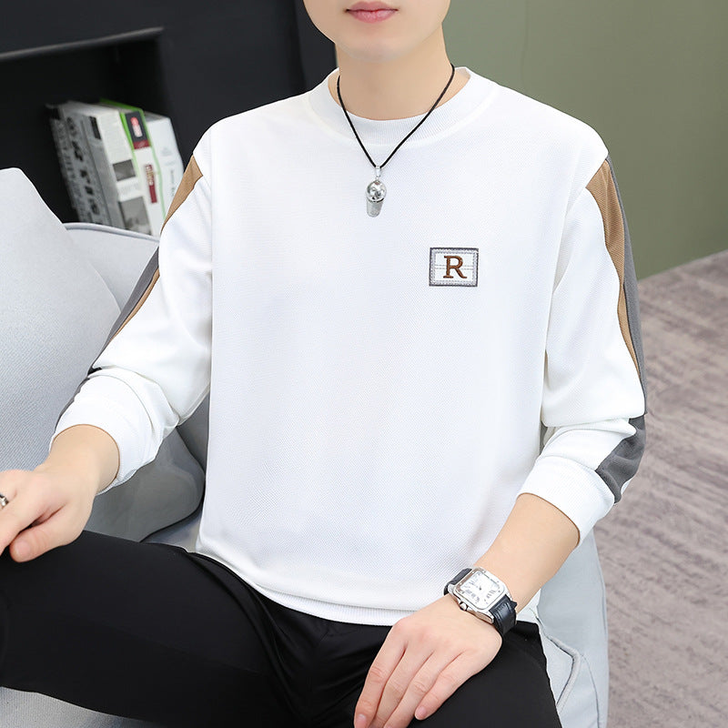 Men's Patchwork Letter Embroidery Long Sleeve Round Neck Loose Polyester T-Shirt