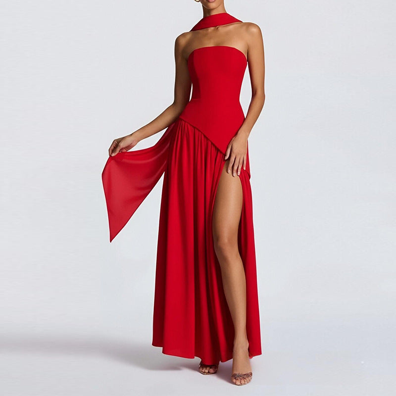 Elegant Slim Fit Solid Color Waist Cinching Slit Dress